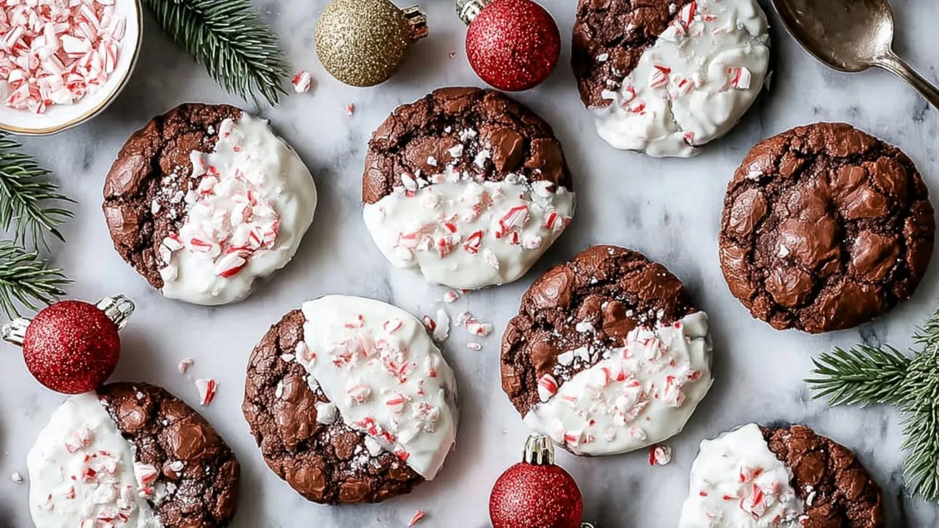 Festive flat lay of dark chocolate Peppermint Bark Cookies, half-dipped in white, with crushed candy canes and holiday decorations on marble.
