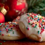 Close-up of festive Italian Christmas cookies with white glaze and colorful sprinkles, piled against a blurred holiday background.