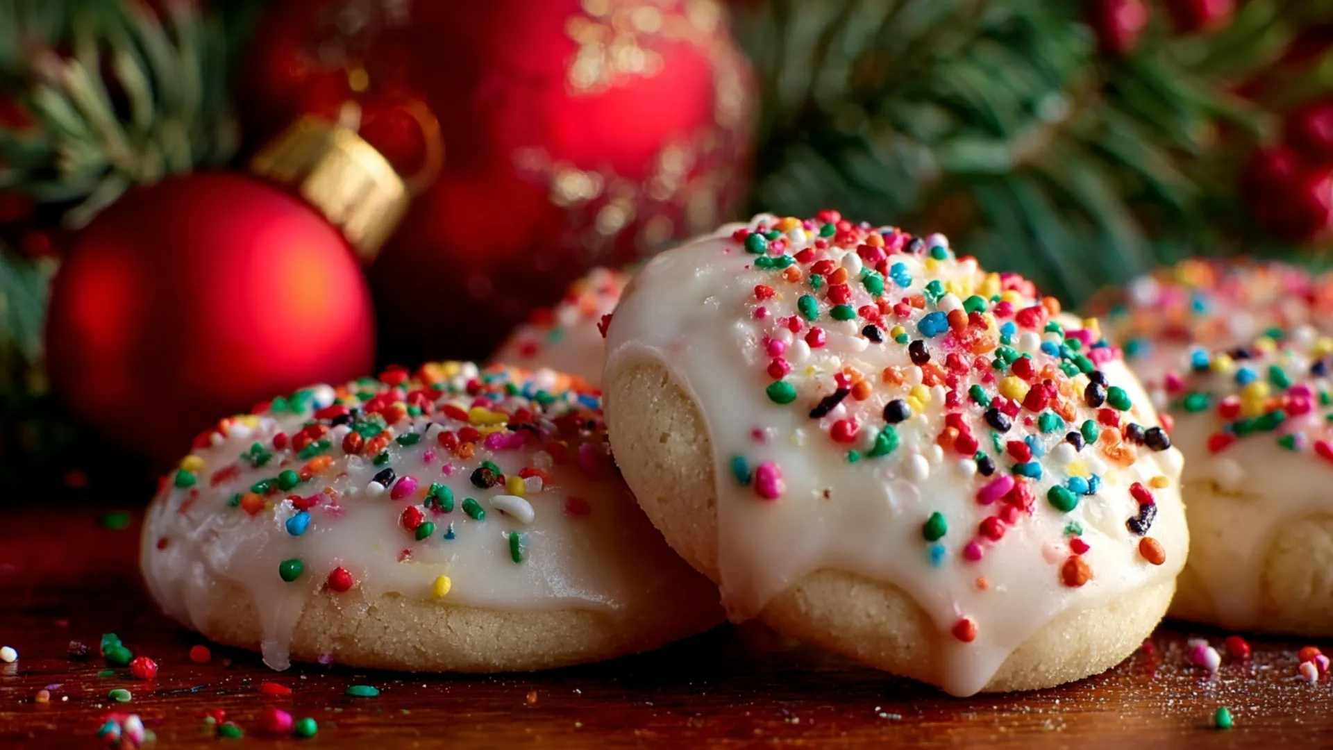 Close-up of festive Italian Christmas cookies with white glaze and colorful sprinkles, piled against a blurred holiday background.