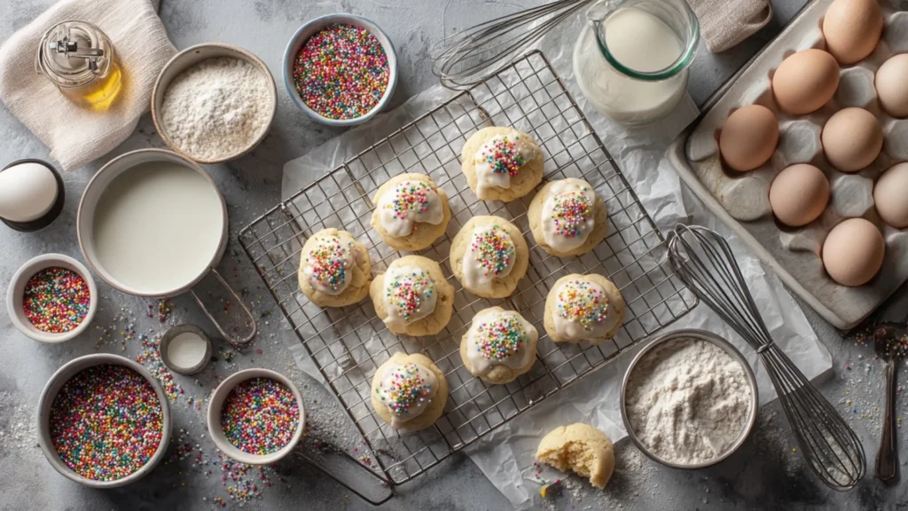 Soft Italian Christmas cookies dipped in almond glaze and covered with rainbow nonpareils on a cooling rack.