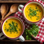 Two mugs of creamy kabocha squash soup garnished with fresh herbs on a rustic wooden tray.