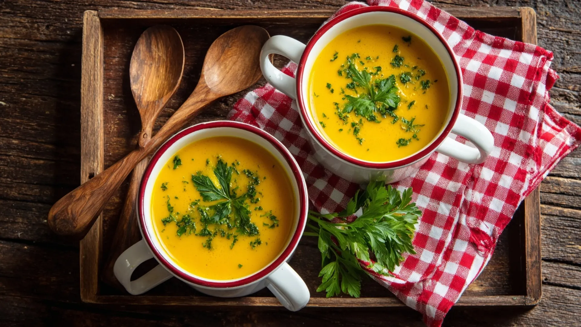 Two mugs of creamy kabocha squash soup garnished with fresh herbs on a rustic wooden tray.