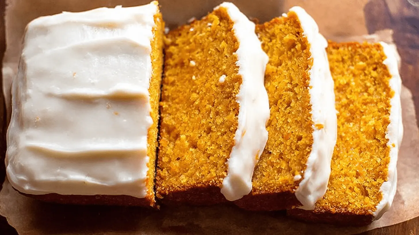 Delicious frosted keto pumpkin bread, sliced and ready to serve on parchment paper.