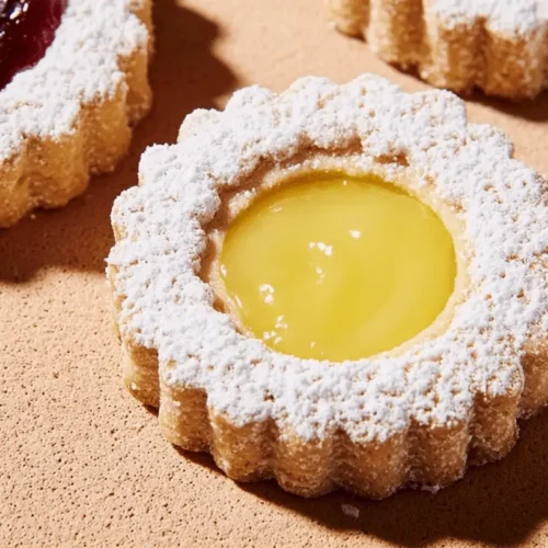 Close-up of beautifully crafted Linzer Cookies with scalloped edges, dusted with powdered sugar, featuring vibrant lemon and rich raspberry fillings on a warm textured background.
