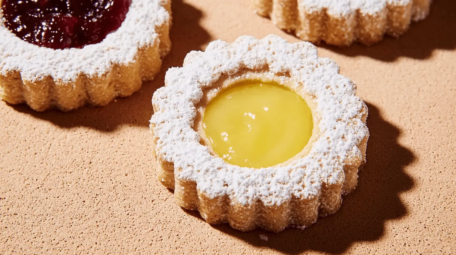 Close-up of beautifully crafted Linzer Cookies with scalloped edges, dusted with powdered sugar, featuring vibrant lemon and rich raspberry fillings on a warm textured background.