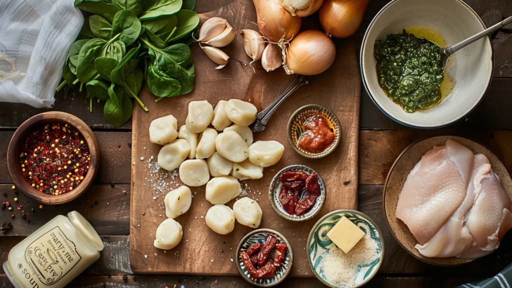 Overhead view of ingredients for creamy marry me chicken soup arranged on a wooden table, including chicken, gnocchi, sun-dried tomatoes, spinach, cream, Parmesan, broth, and seasonings.