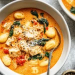 Creamy marry me chicken soup with tender gnocchi, chicken, spinach, and Parmesan cheese served in white bowls.