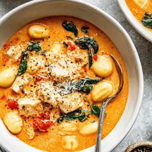 Creamy marry me chicken soup with tender gnocchi, chicken, spinach, and Parmesan cheese served in white bowls.