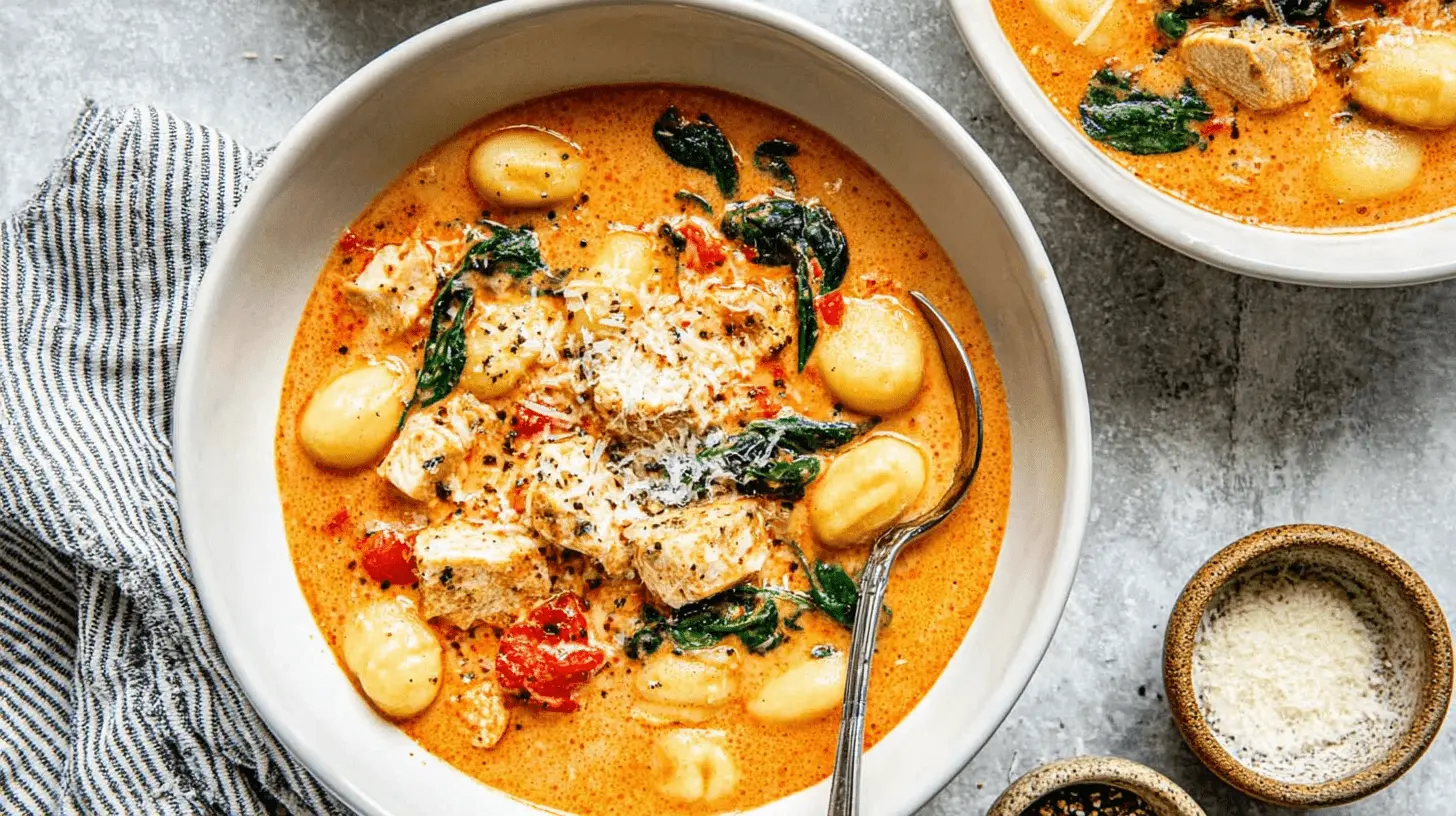 Creamy marry me chicken soup with tender gnocchi, chicken, spinach, and Parmesan cheese served in white bowls.