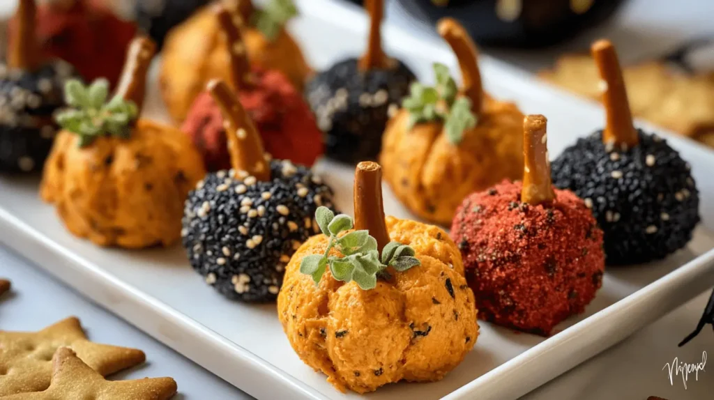Close-up of a festive white platter filled with colorful, seasoned Mini Pumpkin Cheese Ball appetizers, complete with pretzel stems and herb accents.