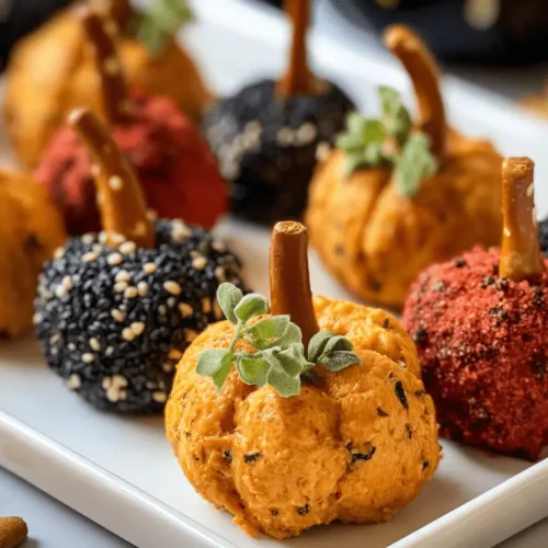 Close-up of a festive white platter filled with colorful, seasoned Mini Pumpkin Cheese Ball appetizers, complete with pretzel stems and herb accents.