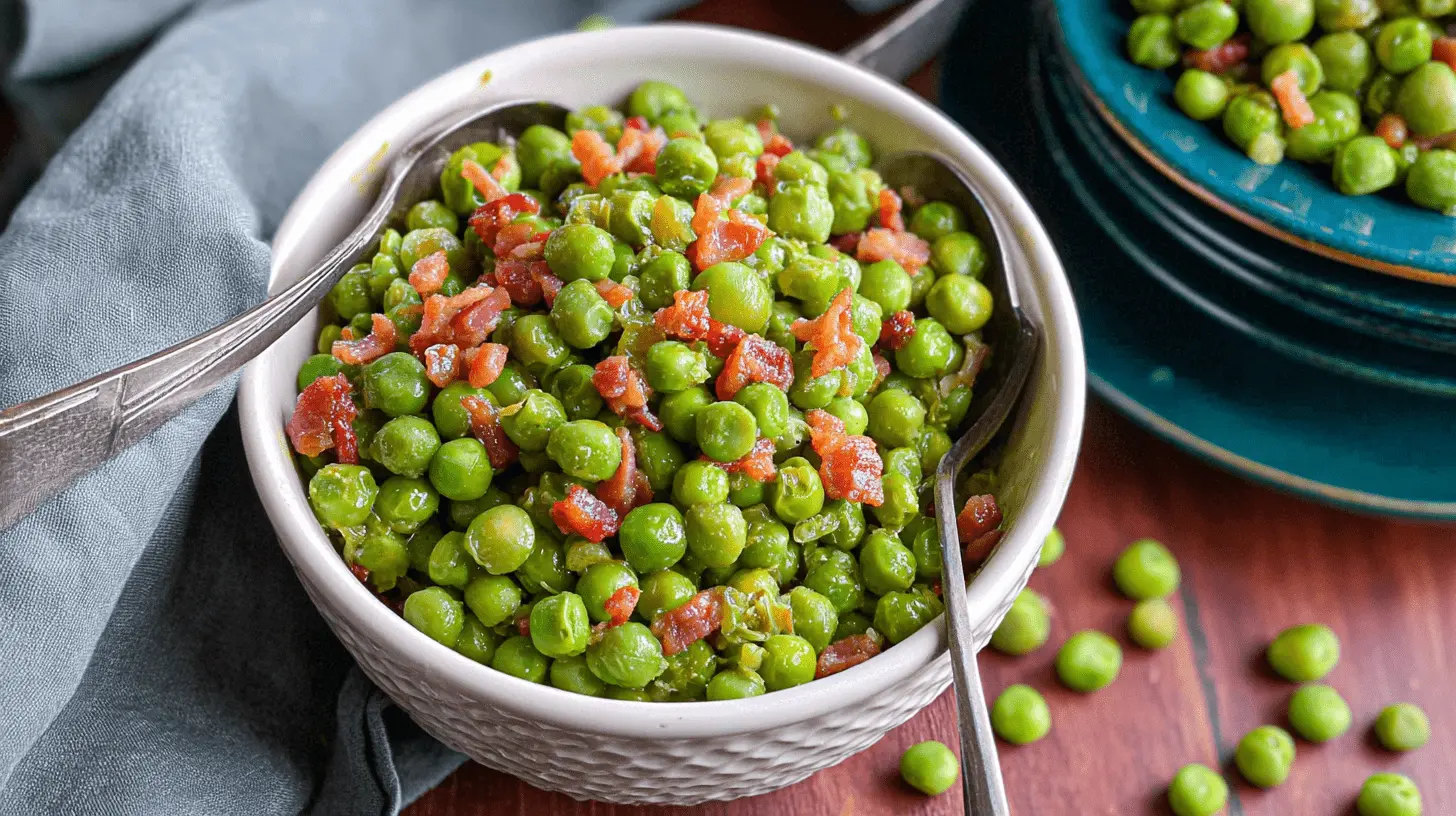 Close-up of a bowl of vibrant green peas with crispy pancetta bits, served on a rustic wooden table, highlighting the delicious Peas with Pancetta.