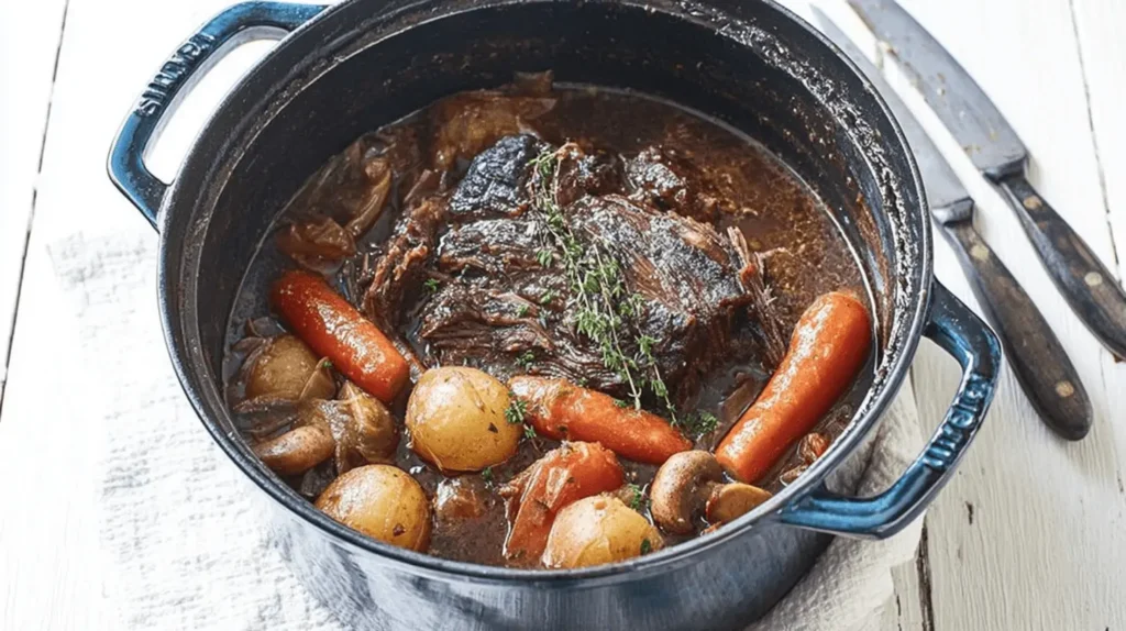 Close-up of a hearty pot roast recipe with tender beef, carrots, and potatoes in a STAUB Dutch oven.