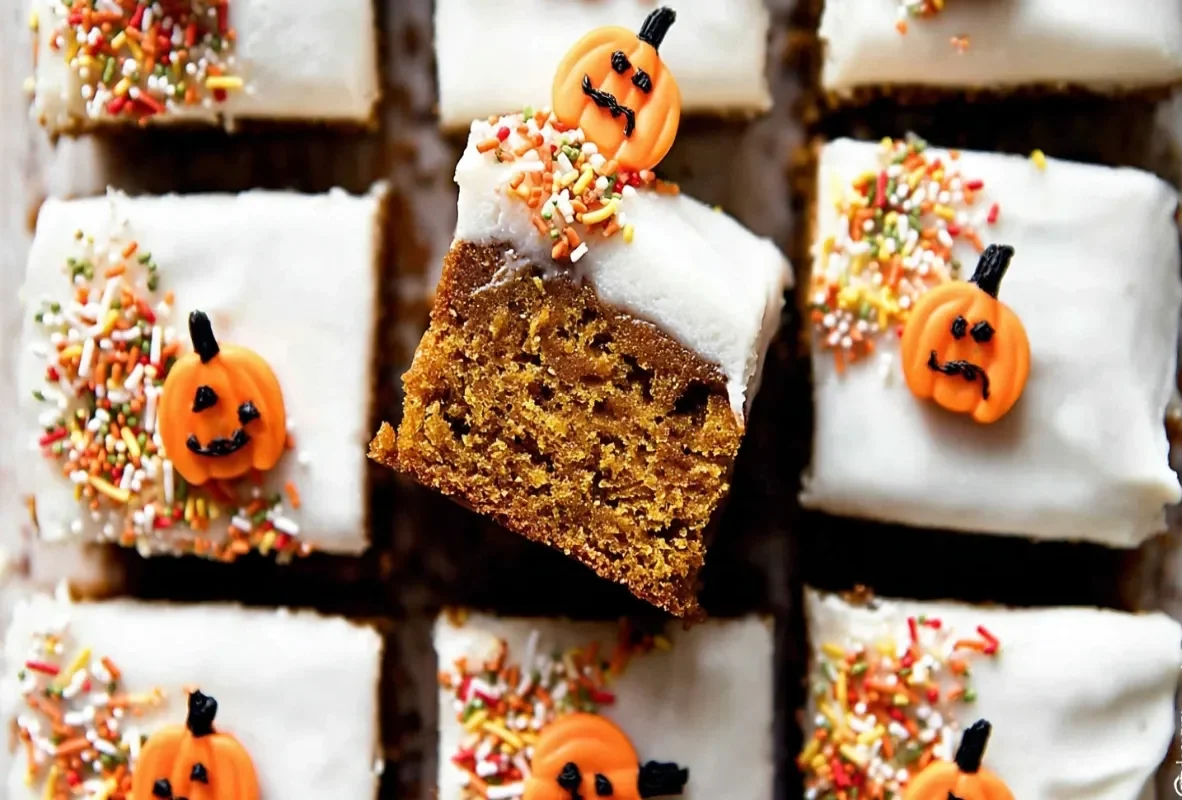 Overhead view of festive pumpkin bars topped with creamy frosting, autumn sprinkles, and adorable jack-o'-lantern candy pumpkins.