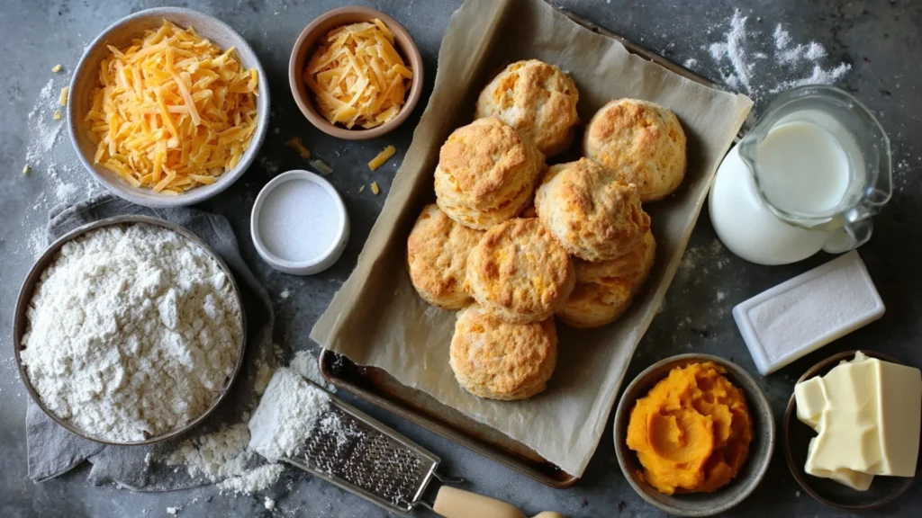 Tall, flaky pumpkin biscuits on a parchment-lined baking sheet, one split open and steaming.