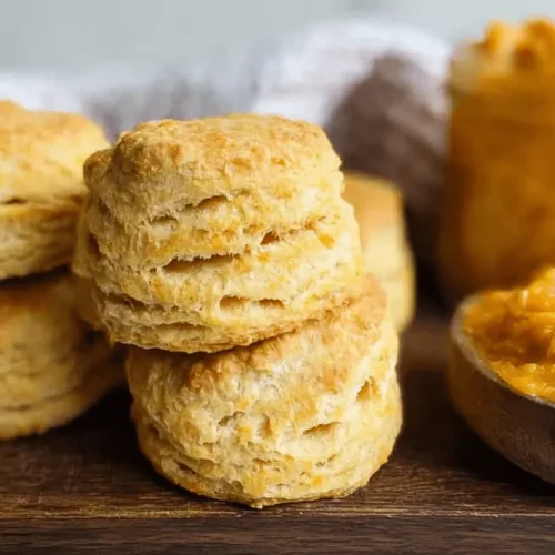 Golden-brown pumpkin biscuits with flaky layers served on a rustic wooden board with orange spread.