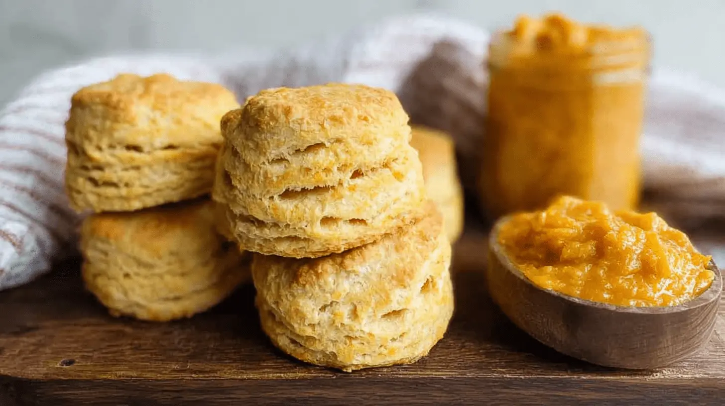 Golden-brown pumpkin biscuits with flaky layers served on a rustic wooden board with orange spread.