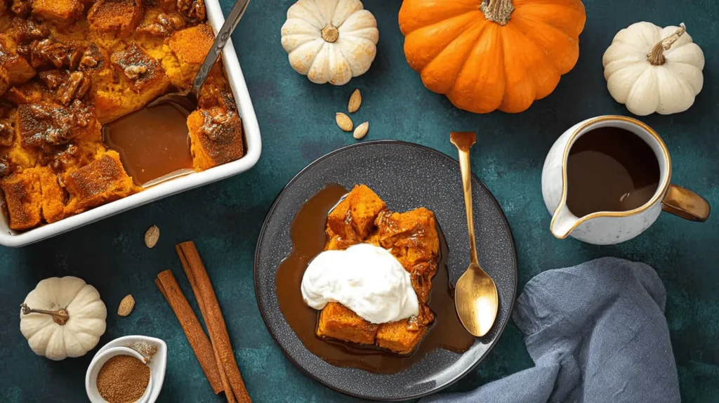Overhead flat lay of a festive fall dessert: pumpkin bread pudding with caramel sauce and whipped cream, surrounded by small pumpkins and autumn spices.