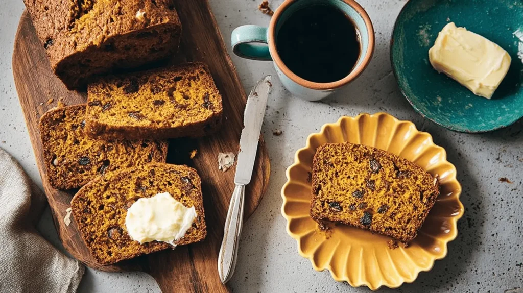 Freshly baked pumpkin bread loaf and slices on a wooden board with butter, a perfect representation of a delicious pumpkin bread recipe.