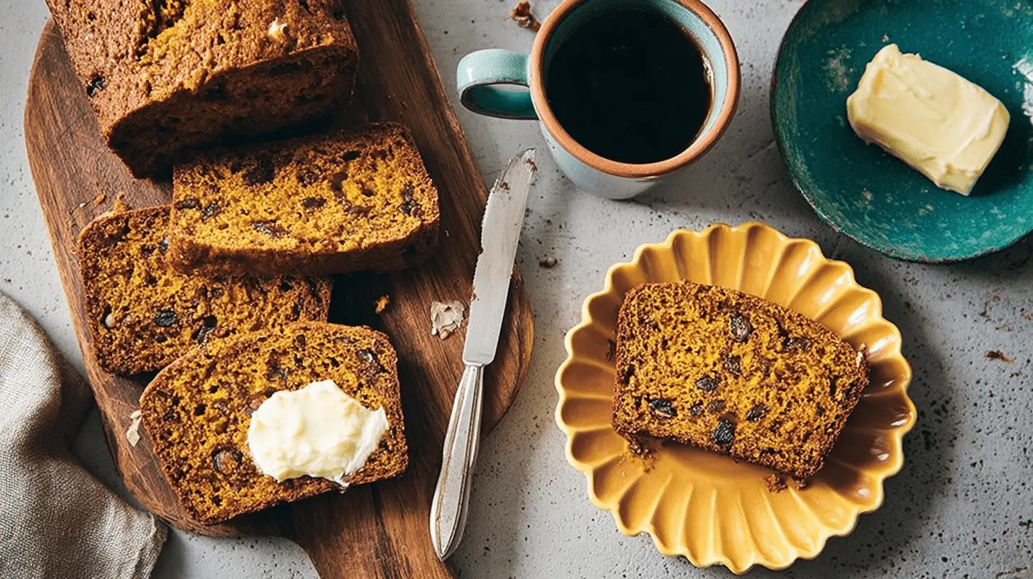 Freshly baked pumpkin bread loaf and slices on a wooden board with butter, a perfect representation of a delicious pumpkin bread recipe.