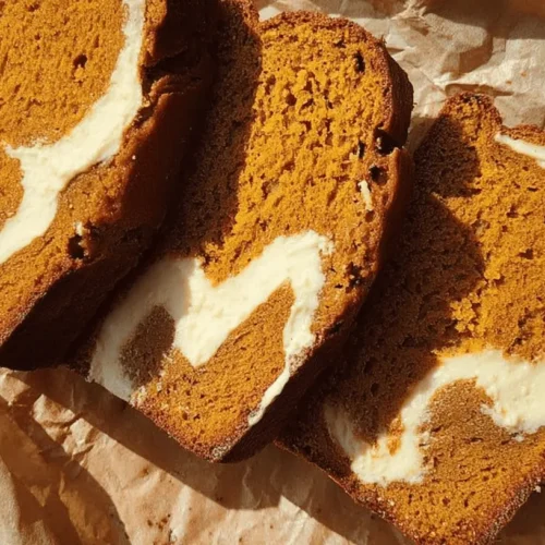 Three moist slices of homemade pumpkin bread with cream cheese swirls, artfully arranged on crumpled parchment paper.