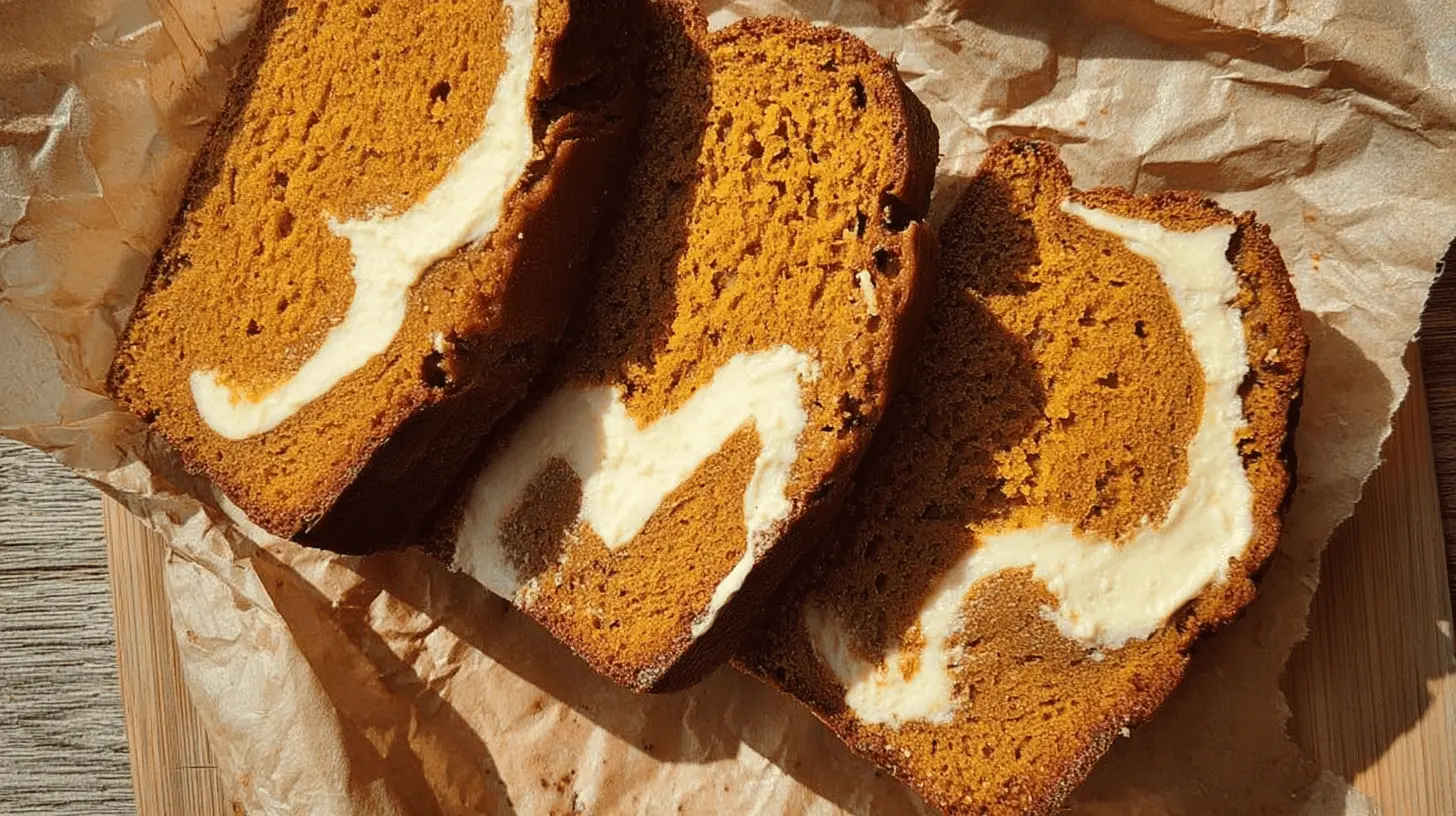 Three moist slices of homemade pumpkin bread with cream cheese swirls, artfully arranged on crumpled parchment paper.
