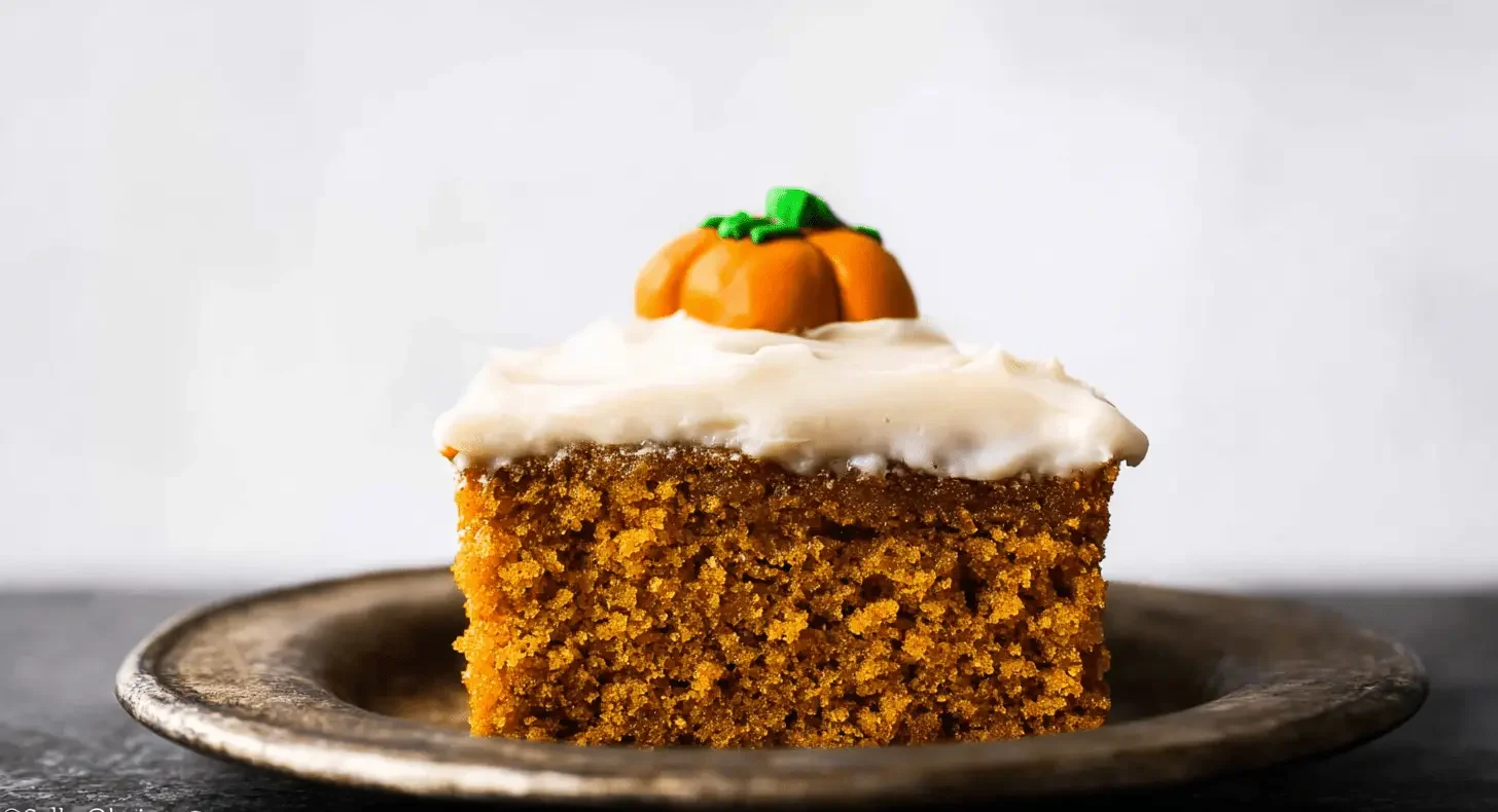 Delectable slice of pumpkin cake with creamy frosting and an edible pumpkin decoration.