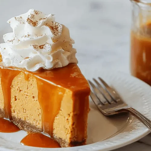 A delicious slice of pumpkin cheesecake topped with whipped cream and caramel sauce on a white plate with a fork.