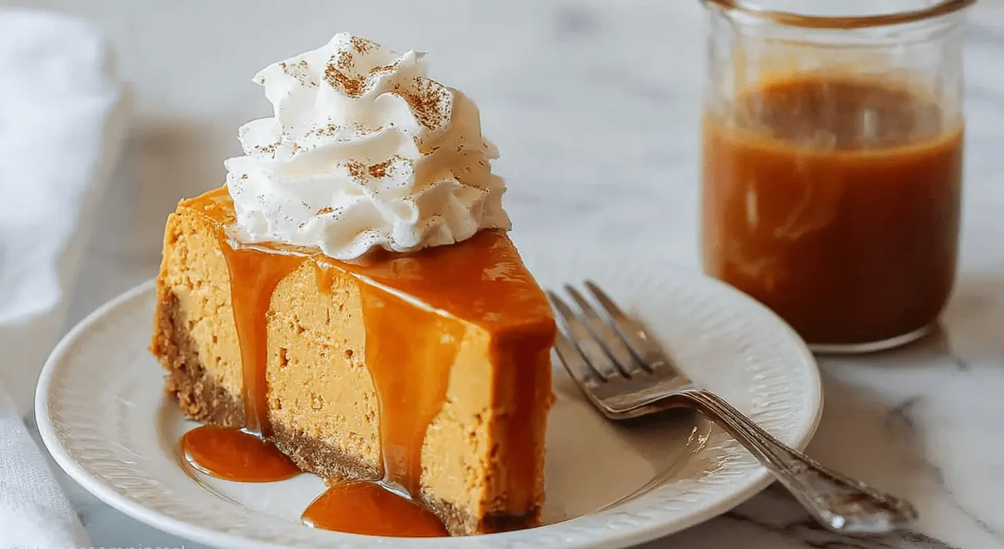 A delicious slice of pumpkin cheesecake topped with whipped cream and caramel sauce on a white plate with a fork.