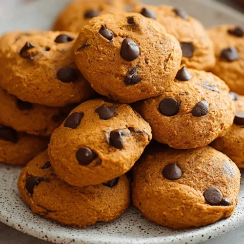 A close-up of a generous pile of homemade pumpkin chocolate chip cookies on a speckled ceramic plate.