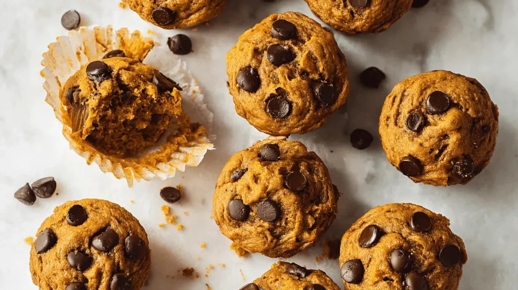 Delicious homemade pumpkin chocolate chip muffins with visible chocolate chips on a textured light surface.