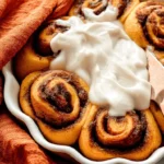 Overhead view of a baking dish filled with golden-brown pumpkin cinnamon rolls, generously frosted and ready to serve in an autumnal setting.
