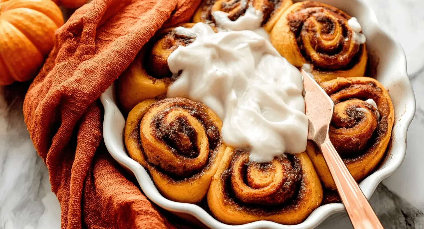 Overhead view of a baking dish filled with golden-brown pumpkin cinnamon rolls, generously frosted and ready to serve in an autumnal setting.