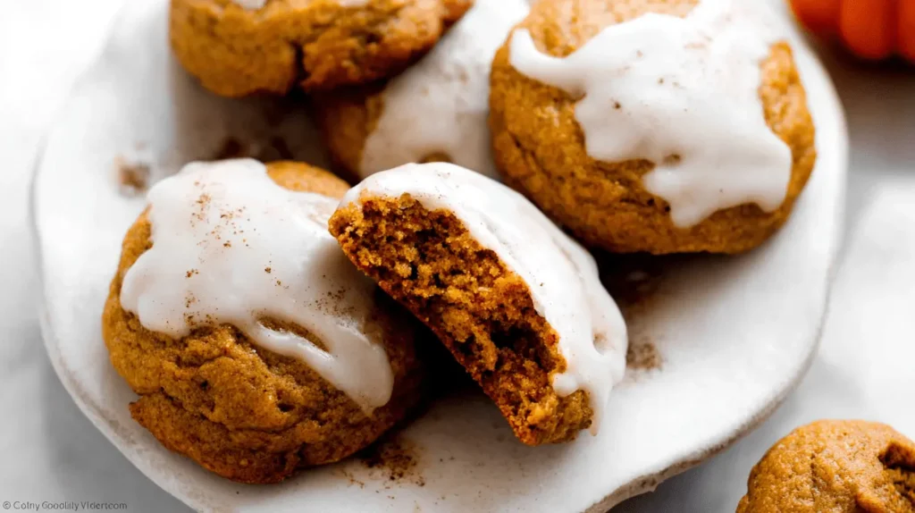 Close-up of freshly baked, soft pumpkin cookies with white glaze and spice on a rustic plate.
