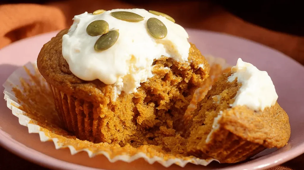 A single, moist pumpkin cream cheese muffins, broken open to show its tender interior, topped with creamy white frosting and green pumpkin seeds on a pale pink plate.