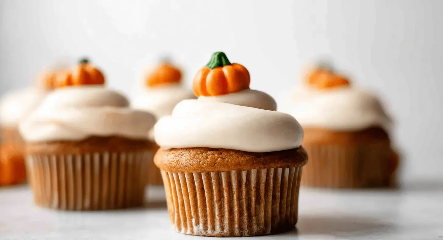 Gourmet pumpkin cupcakes with festive pumpkin toppers and creamy frosting in a beautiful arrangement.