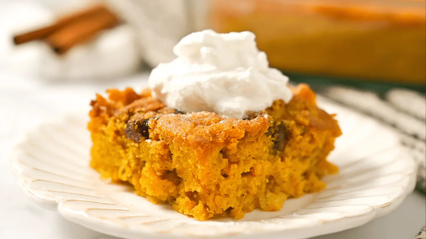 A delicious slice of vibrant orange pumpkin dump cake topped with fluffy whipped cream on an ornate, off-white plate.