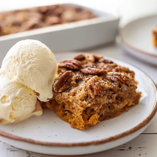 Pecan-topped slice of pumpkin dump cake recipe served with vanilla ice cream.