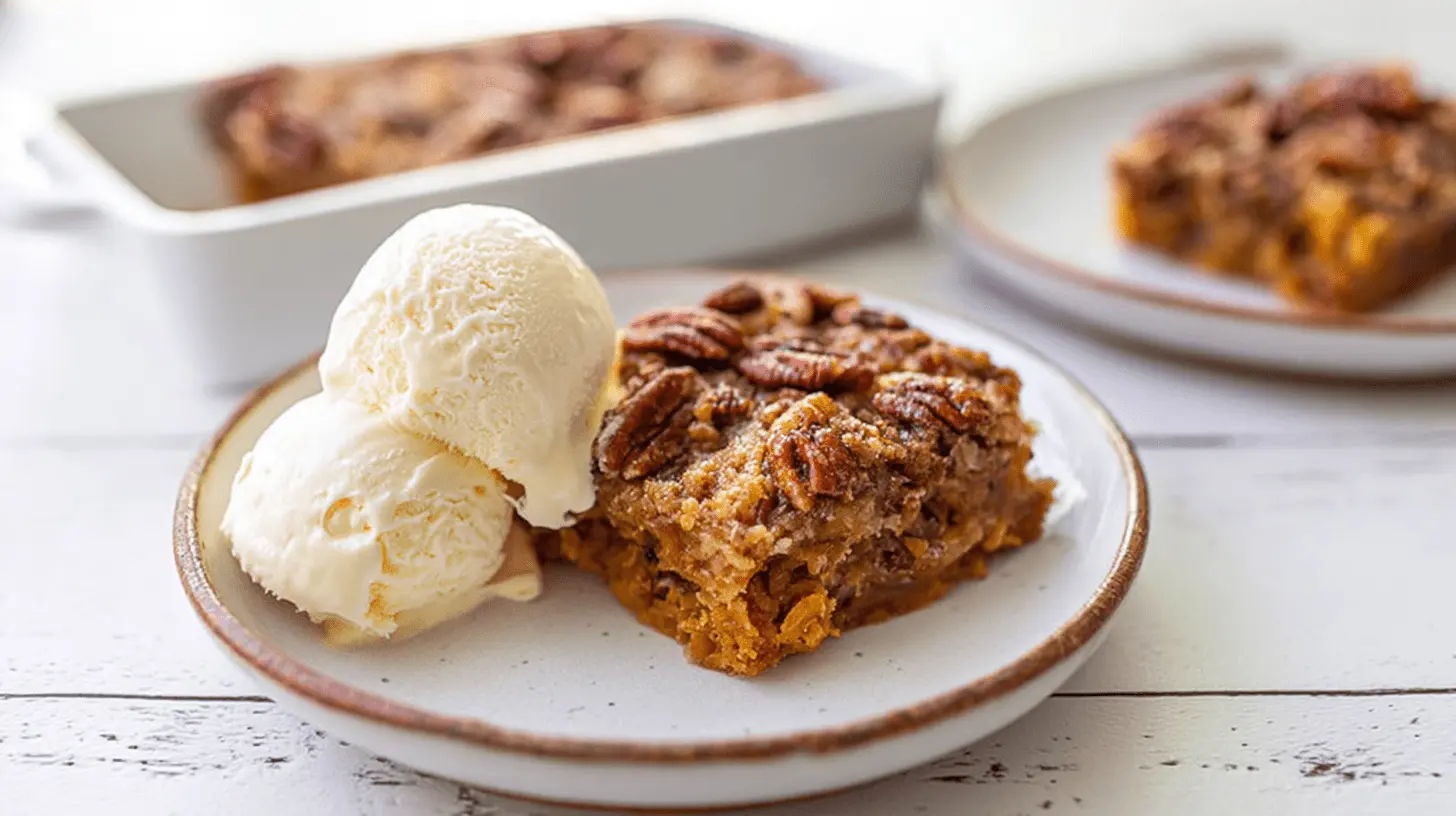 Pecan-topped slice of pumpkin dump cake recipe served with vanilla ice cream.