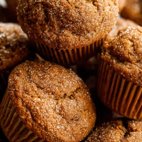 Close-up of warm, golden-brown pumpkin muffins generously topped with sparkling sugar, stacked high.