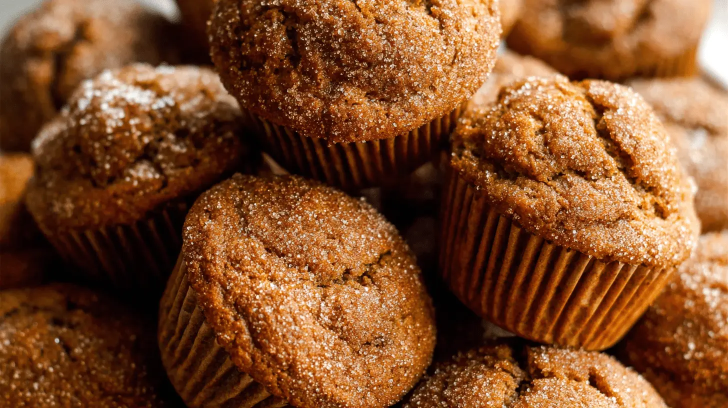 Close-up of warm, golden-brown pumpkin muffins generously topped with sparkling sugar, stacked high.