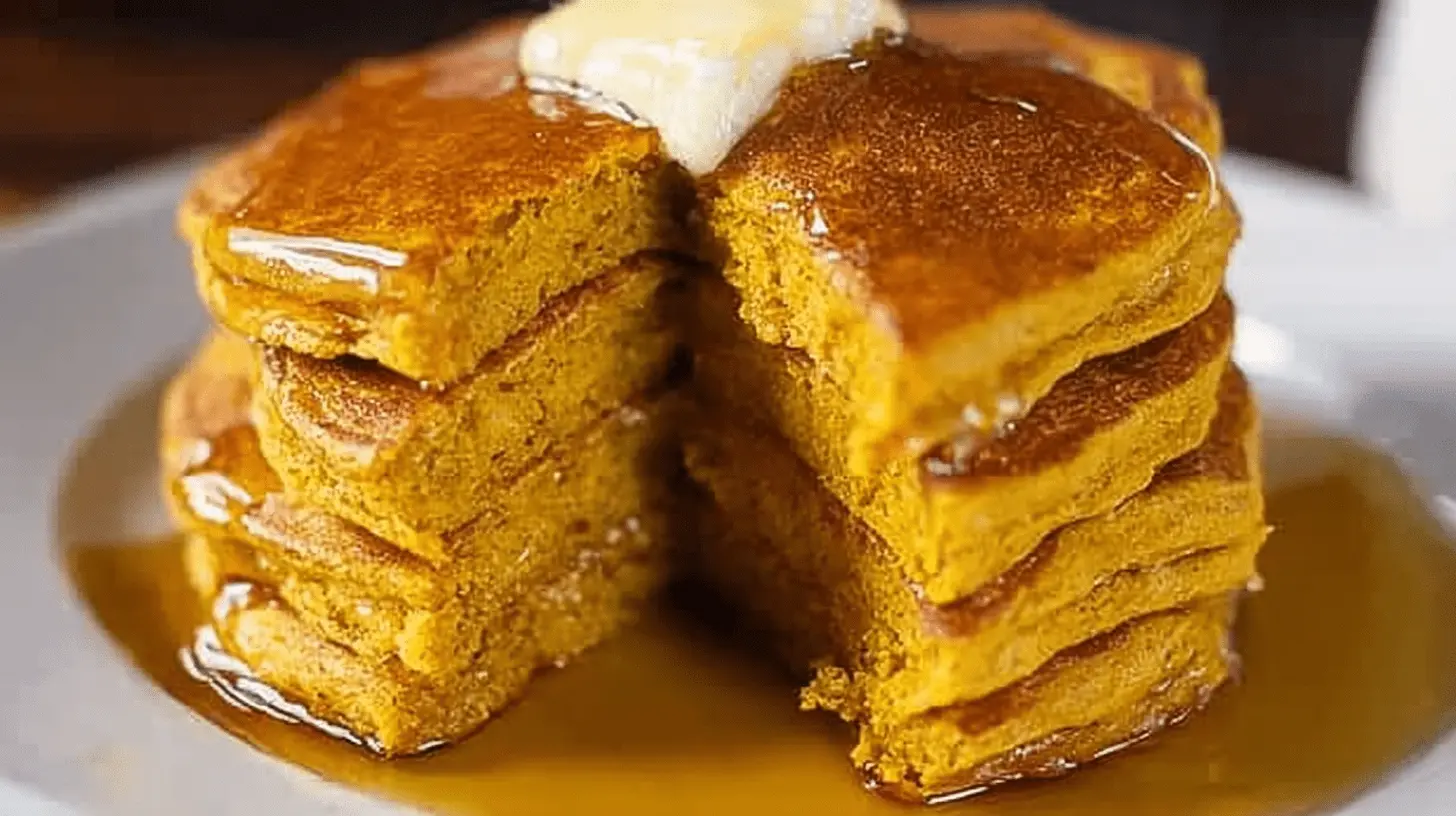 Close-up of a stack of golden-orange pumpkin pancakes topped with melting butter and dripping syrup on a light plate.