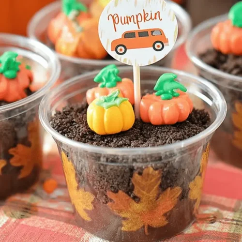 Layered dessert cups featuring chocolate pudding, cookie crumbs, candy pumpkins, and fall leaf decals, creating a festive "Pumpkin Patch Dirt Cups" theme.