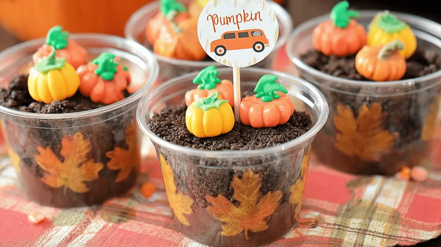 Layered dessert cups featuring chocolate pudding, cookie crumbs, candy pumpkins, and fall leaf decals, creating a festive "Pumpkin Patch Dirt Cups" theme.