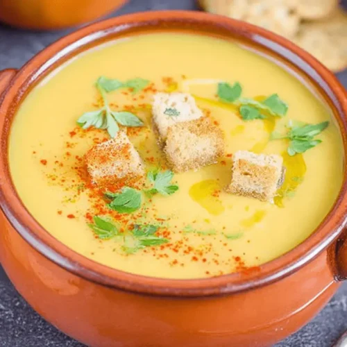 Close-up of a rustic earthenware bowl filled with creamy pumpkin potato soup, garnished with golden croutons, fresh green herbs, and pumpkin seeds on a dark surface.
