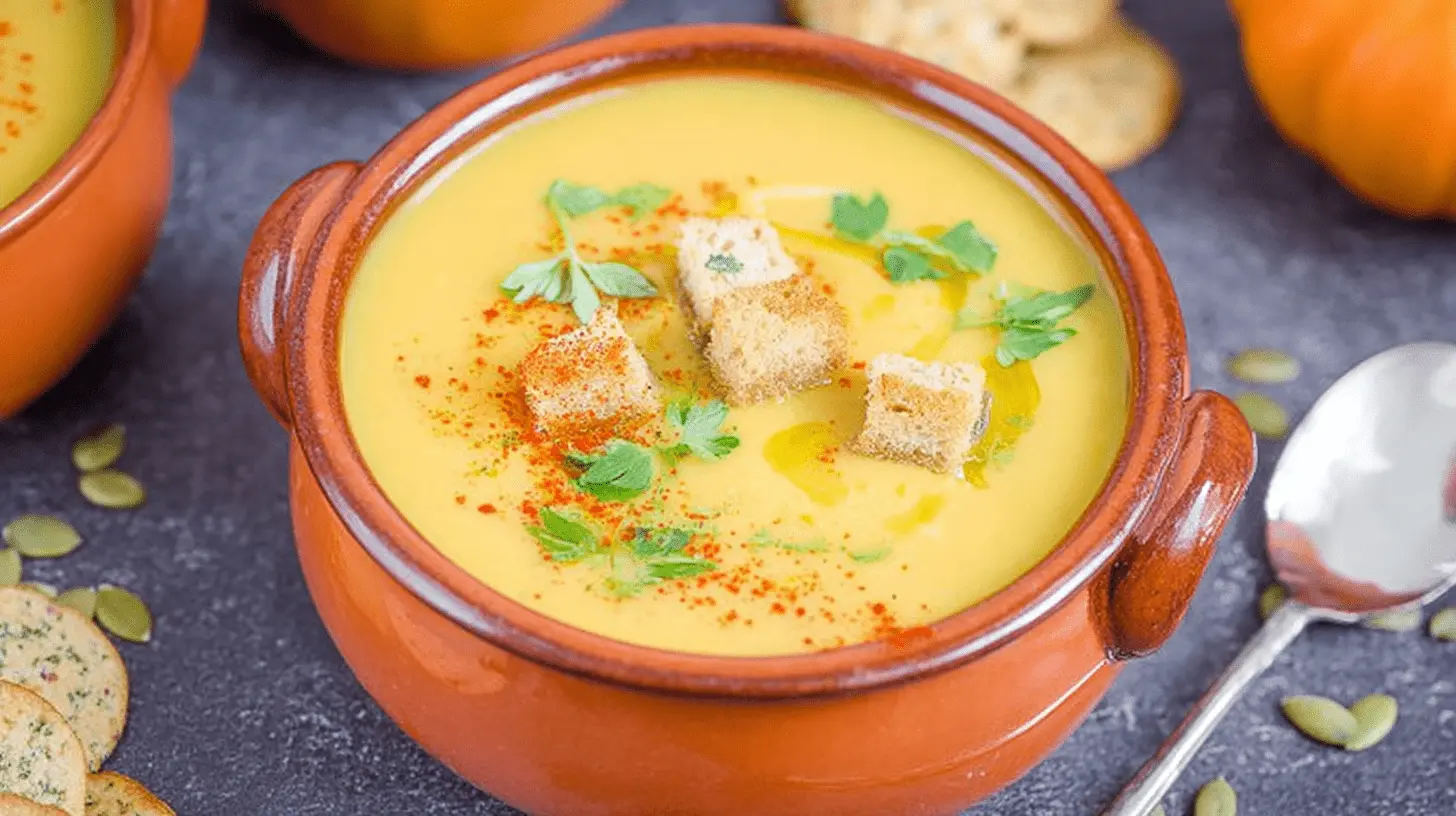 Close-up of a rustic earthenware bowl filled with creamy pumpkin potato soup, garnished with golden croutons, fresh green herbs, and pumpkin seeds on a dark surface.