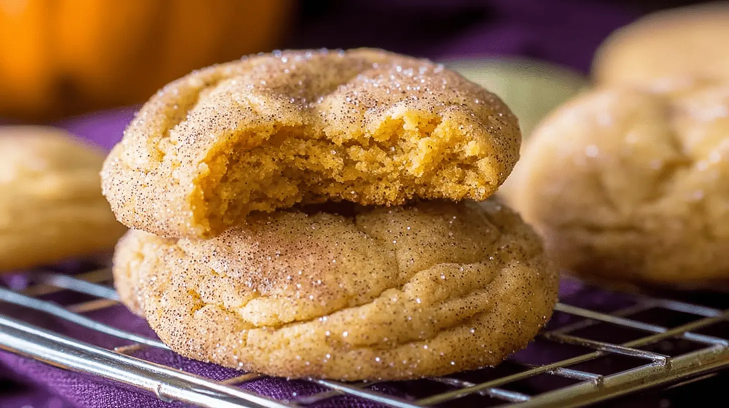 Freshly baked pumpkin snickerdoodle cookies, one with a bite taken out, showing its moist, golden interior and cinnamon sugar coating.