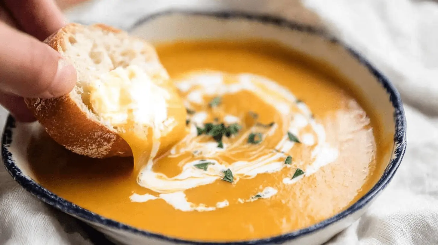 Hand dipping rustic bread into a creamy, vibrant pumpkin soup.