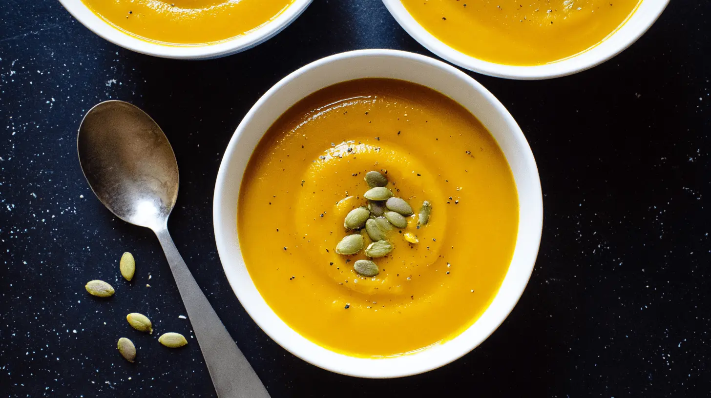 Overhead view of creamy golden pumpkin soup garnished with pumpkin seeds and black pepper, illustrating a delicious pumpkin soup recipe.