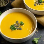 Two bowls of creamy pumpkin soup with coconut milk, garnished with pumpkin seeds and parsley, on a rustic dark surface.